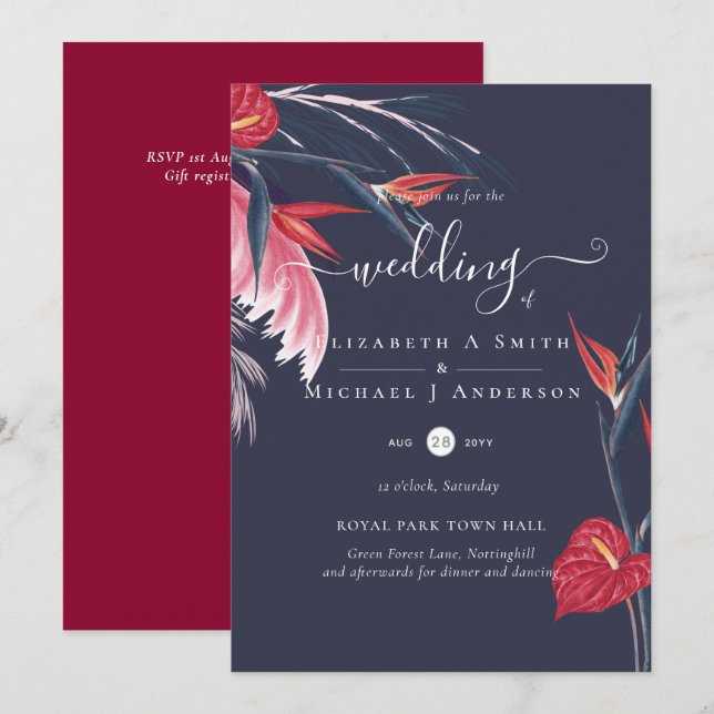 Tropical Pampas Grass Navy Berry Wedding (Front/Back)