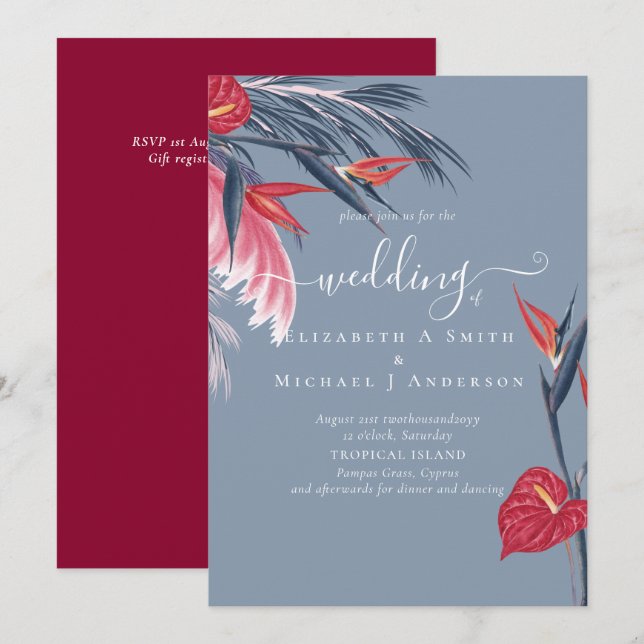Tropical Pampas Grass Navy Berry Wedding (Front/Back)
