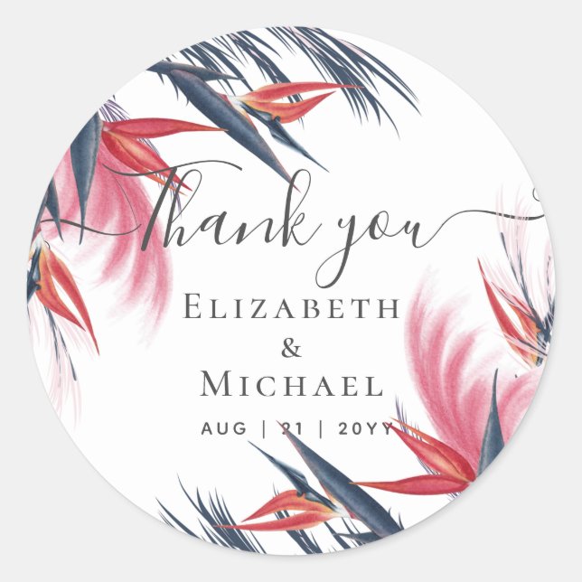 Tropical Pampas Grass Navy Berry Wedding Classic Round Sticker (Front)