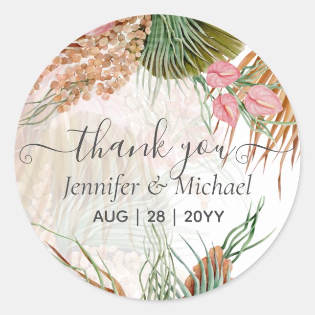 Tropical Pampas Grass Terracotta Wedding Classic Round Sticker (Front)