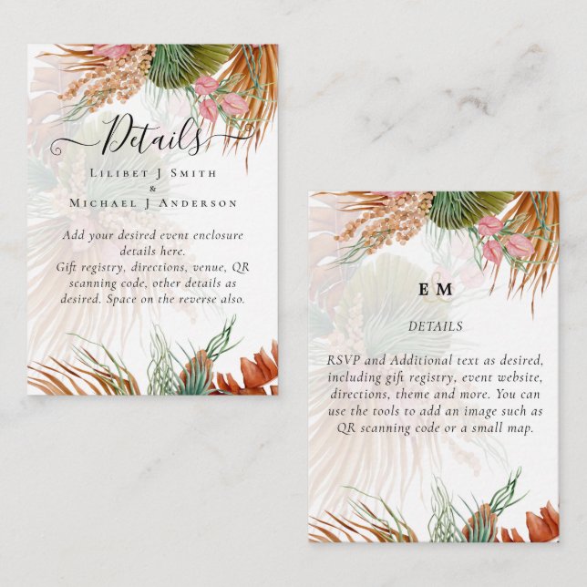 Tropical Pampas Grass Terracotta Wedding Enclosure Card (Front/Back)