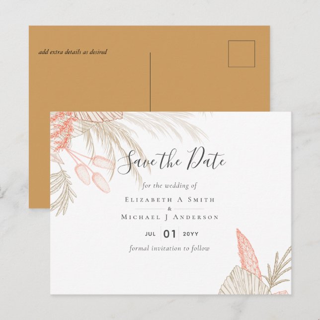 Tropical Pampas Grass Terracotta Wedding Postcard (Front/Back)
