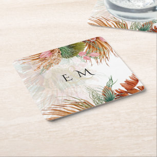 Tropical Pampas Grass Terracotta Wedding Square Paper Coaster