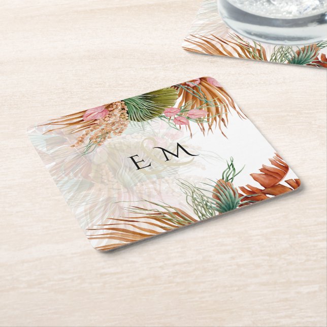 Tropical Pampas Grass Terracotta Wedding Square Paper Coaster (Angled)