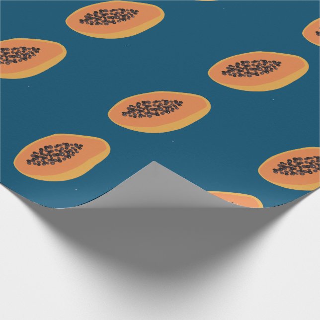 Tropical Papaya Print Fruity Fun Orange Navy Wrapping Paper (Corner)