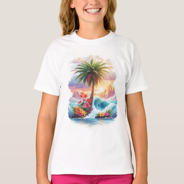 Tropical Paradise at Sunset t shirts design (Front)