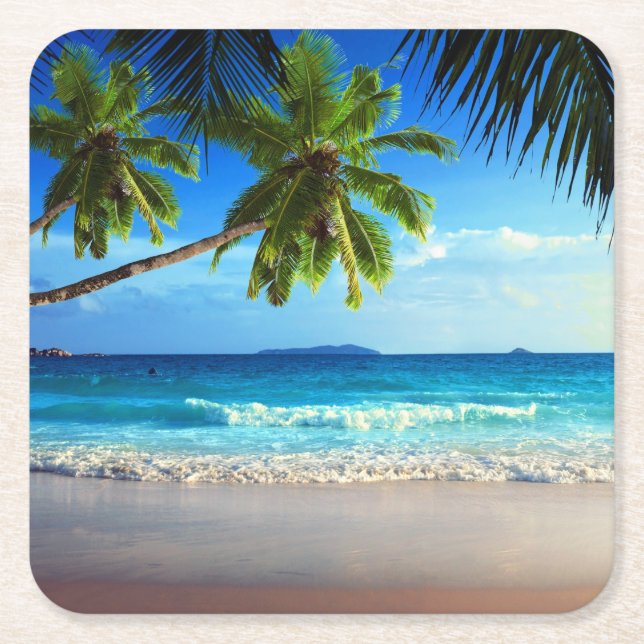 Tropical Paradise Beach Square Paper Coaster (Front)