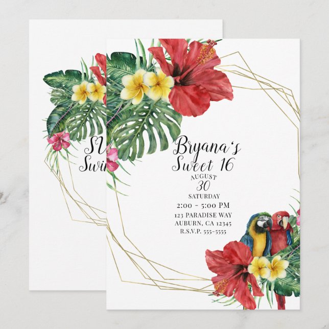 Tropical Paradise Birds Floral Botanical Sweet 16 Invitation (Front/Back)