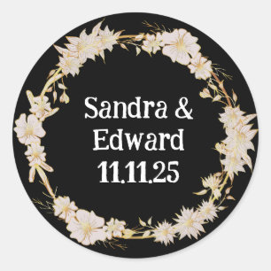 Tropical Paradise Black & White Floral Wreath Classic Round Sticker