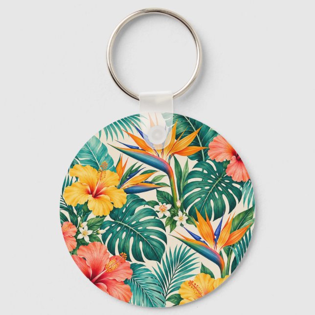 Tropical Paradise Botanical Floral Pattern Key Ring (Front)
