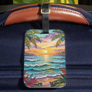 Tropical Paradise Coastal Beach Scene Impasto Luggage Tag