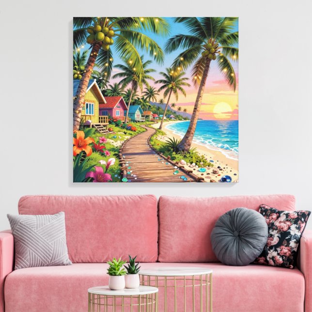 Tropical Paradise Coastal Seaside Cottage Ocean  Canvas Print (Insitu(LivingRoom))