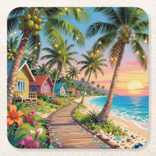 Tropical Paradise Coastal Seaside Cottage Ocean Square Paper Coaster