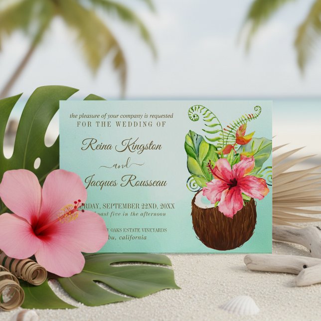 Tropical Paradise Coconut Floral Bouquet Wedding Invitation (Creator Uploaded)