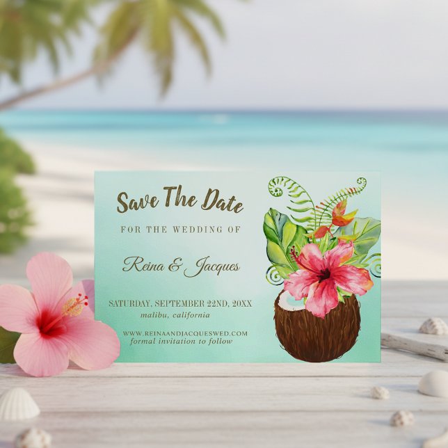 Tropical Paradise Coconut Floral Bouquet Wedding Save The Date (Creator Uploaded)