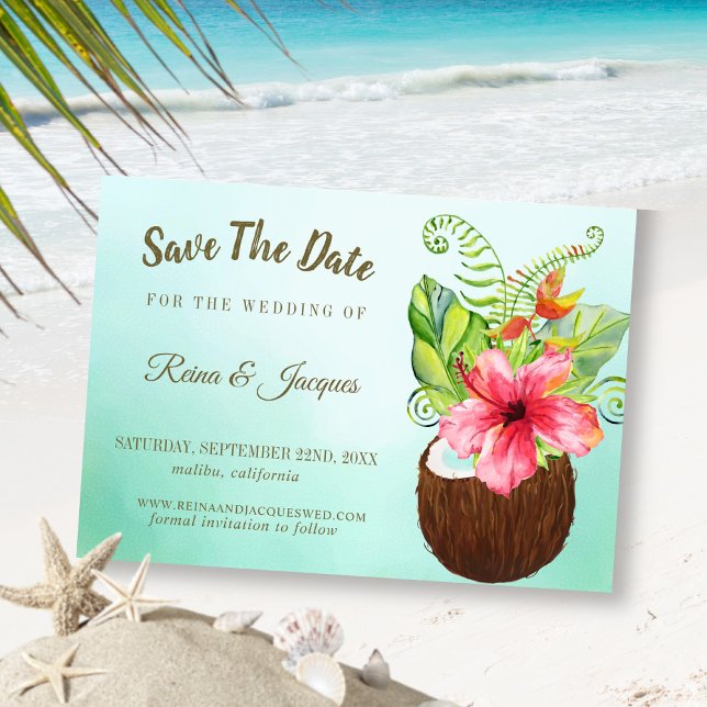 Tropical Paradise Coconut Floral Bouquet Wedding Save The Date (Creator Uploaded)