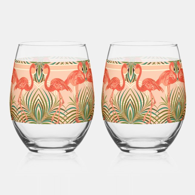 Tropical Paradise Flamingo Art Deco Stemless Wine Glass (Front)