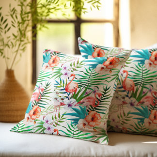 Tropical Paradise Flamingo Flowers Leaves Cushion