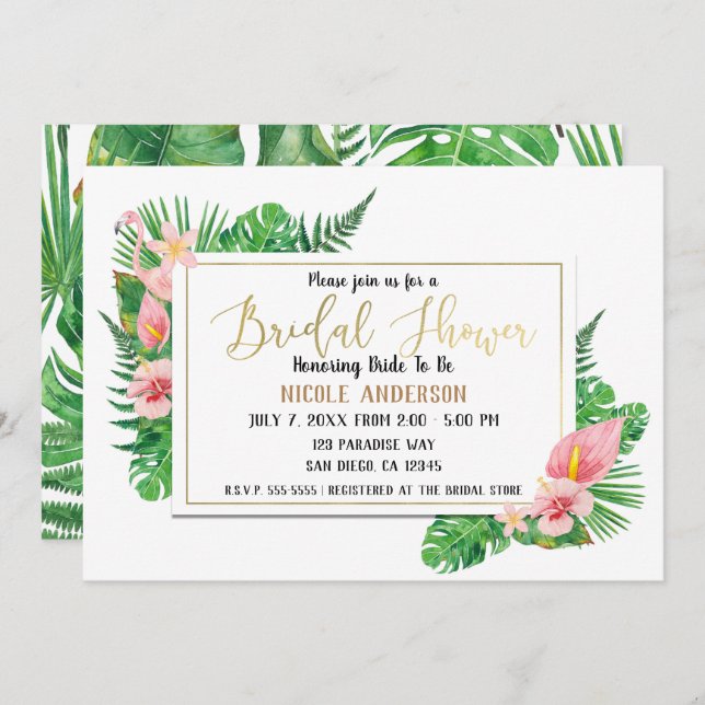 Tropical Paradise Flamingo Leaves Bridal Shower Invitation (Front/Back)