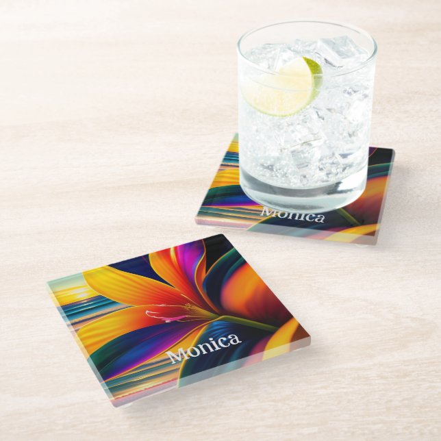 Tropical Paradise Flowers Personalised Glass Coaster (Angled)
