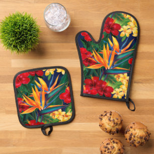 Tropical Paradise Hawaiian Floral Oven Mitt & Pot Holder Set