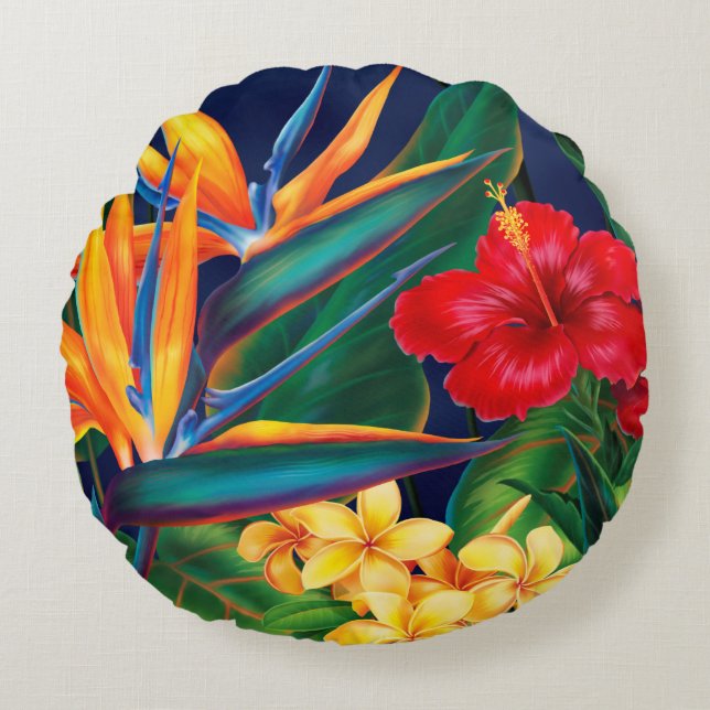 Tropical Paradise Hawaiian Floral Round Cushion (Front)