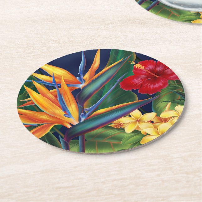 Tropical Paradise Hawaiian Floral Round Paper Coaster (Angled)