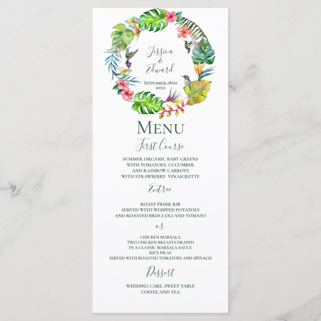 Tropical Paradise Hawaiian Floral Wreath Wedding Menu (Front)