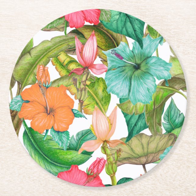 Tropical Paradise Hawaiian Hibiscus Floral Pattern Round Paper Coaster (Front)