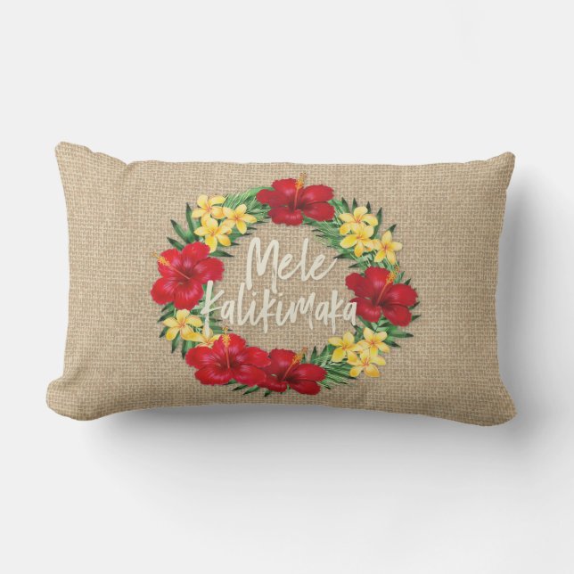 Tropical Paradise Hawaiian Holiday Wreath Burlap Lumbar Cushion (Front)