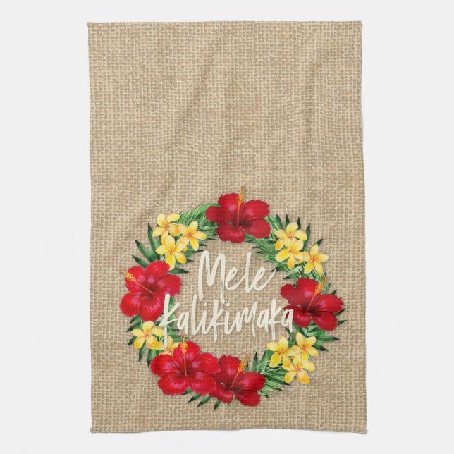 Tropical Paradise Hawaiian Holiday Wreath Burlap Tea Towel (Vertical)