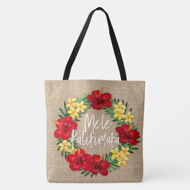 Tropical Paradise Hawaiian Holiday Wreath Burlap Tote Bag (Front)