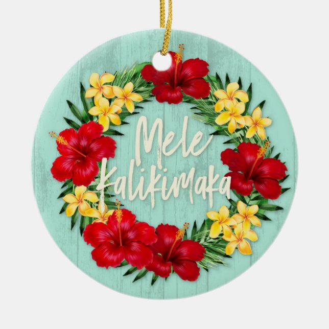 Tropical Paradise Hawaiian Holiday Wreath Wood Ceramic Tree Decoration (Front)