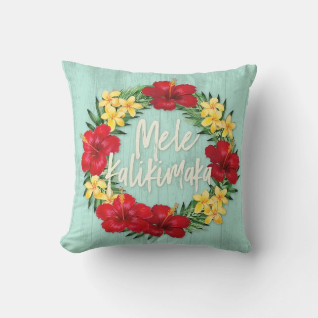 Tropical Paradise Hawaiian Holiday Wreath Wood Cushion (Front)