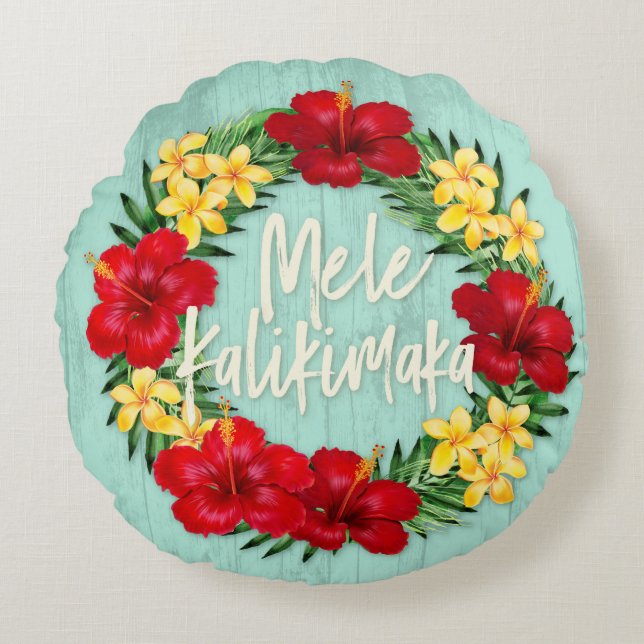 Tropical Paradise Hawaiian Holiday Wreath Wood Round Cushion (Front)