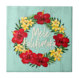 Tropical Paradise Hawaiian Holiday Wreath Wood Tile