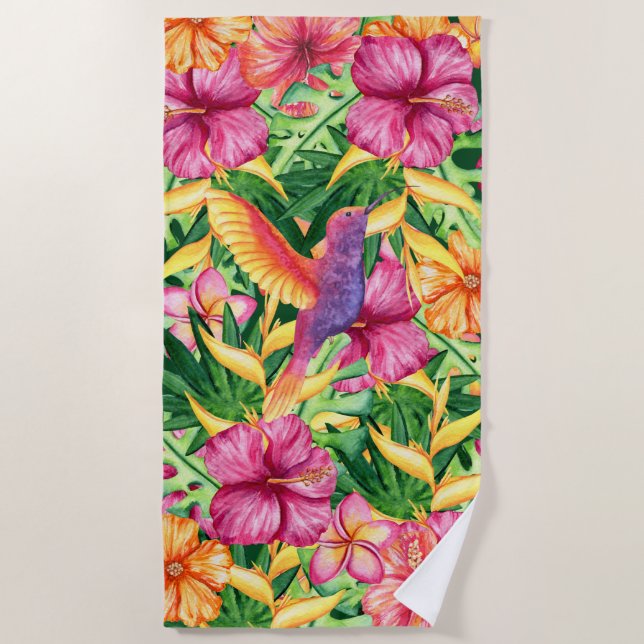 Tropical paradise Hawaiian island sugarbird flower Beach Towel (Front)