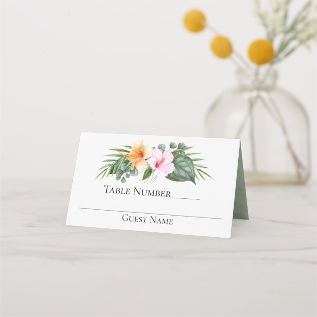 Tropical Paradise Hibiscus and Palms Wedding Place Card (Front)
