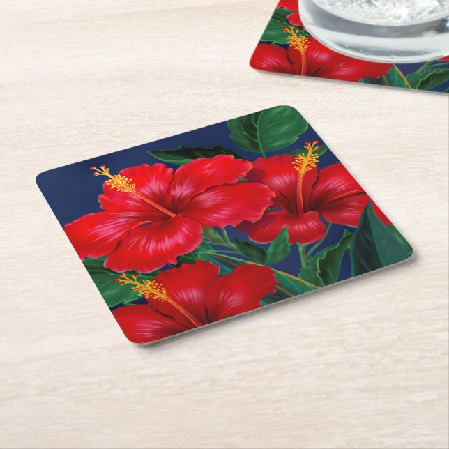 Tropical Paradise Hibiscus Hawaiian Square Paper Coaster (Angled)
