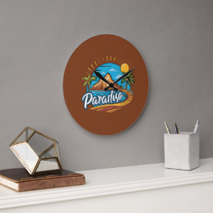 Tropical Paradise Island Logo Art Large Clock