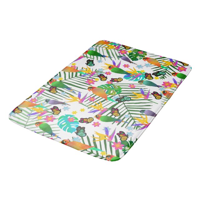 Tropical Paradise Palm Green Leaves Floral Birds Bath Mat (Angled)