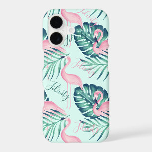 Tropical Paradise Palm Leaf & Pink Flamingo Name