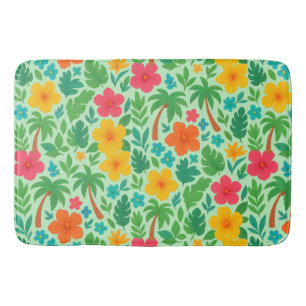 Tropical Paradise – Palm Leaves & Hibiscus Pattern Bath Mat