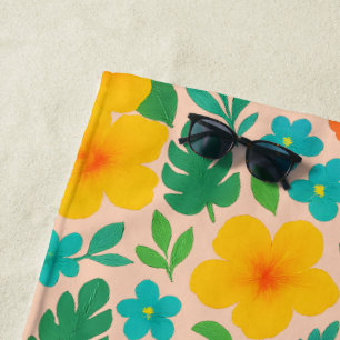 Tropical Paradise – Palm Leaves & Hibiscus Pattern Beach Towel