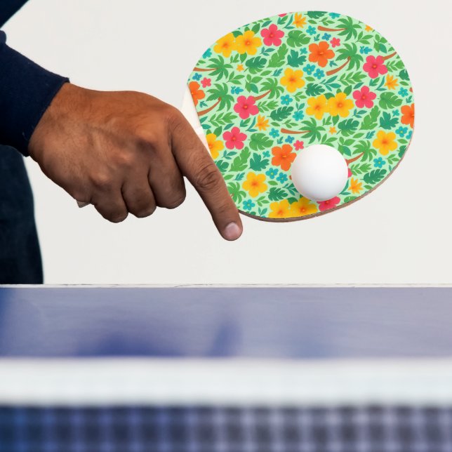 Tropical Paradise – Palm Leaves & Hibiscus Pattern Ping Pong Paddle (Insitu)