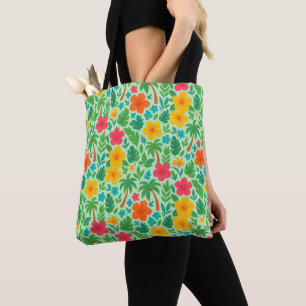 Tropical Paradise – Palm Leaves & Hibiscus Pattern Tote Bag