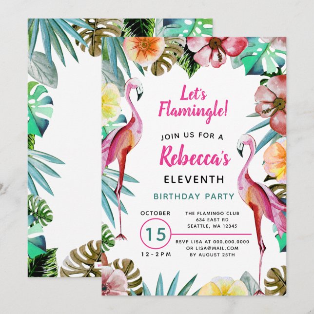 Tropical Paradise Pink Flamingo Birthday Invitation (Front/Back)