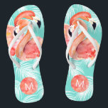 Tropical Paradise Pink Flamingos with Monogram Flip Flops<br><div class="desc">Escape to paradise in these fun and fashionable flip flops featuring watercolor pink flamingos with a palm patterned background in Caribbean aqua. Edit the sample monogram with your desired initials. These make great gifts for bridesmaids, friends, or yourself. They're also a nice idea for out-of-town wedding guests at beach or...</div>