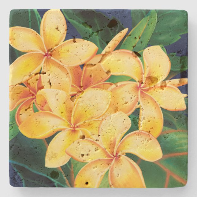 Tropical Paradise Plumeria Stone Tiki Bar Coaster (Front)