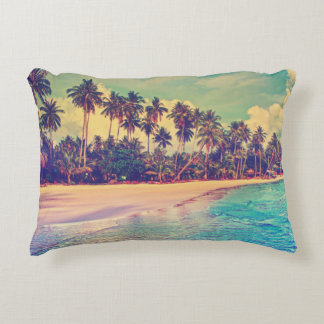 Tropical paradise: sea, hotel, beach. decorative cushion